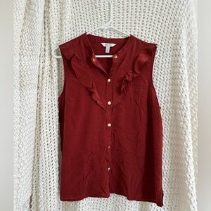 Nine West Sleeveless Ruffle Button-Front Top — Burgundy